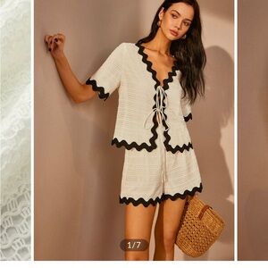 Commense White Crochet Two-Piece Set with Black Trim